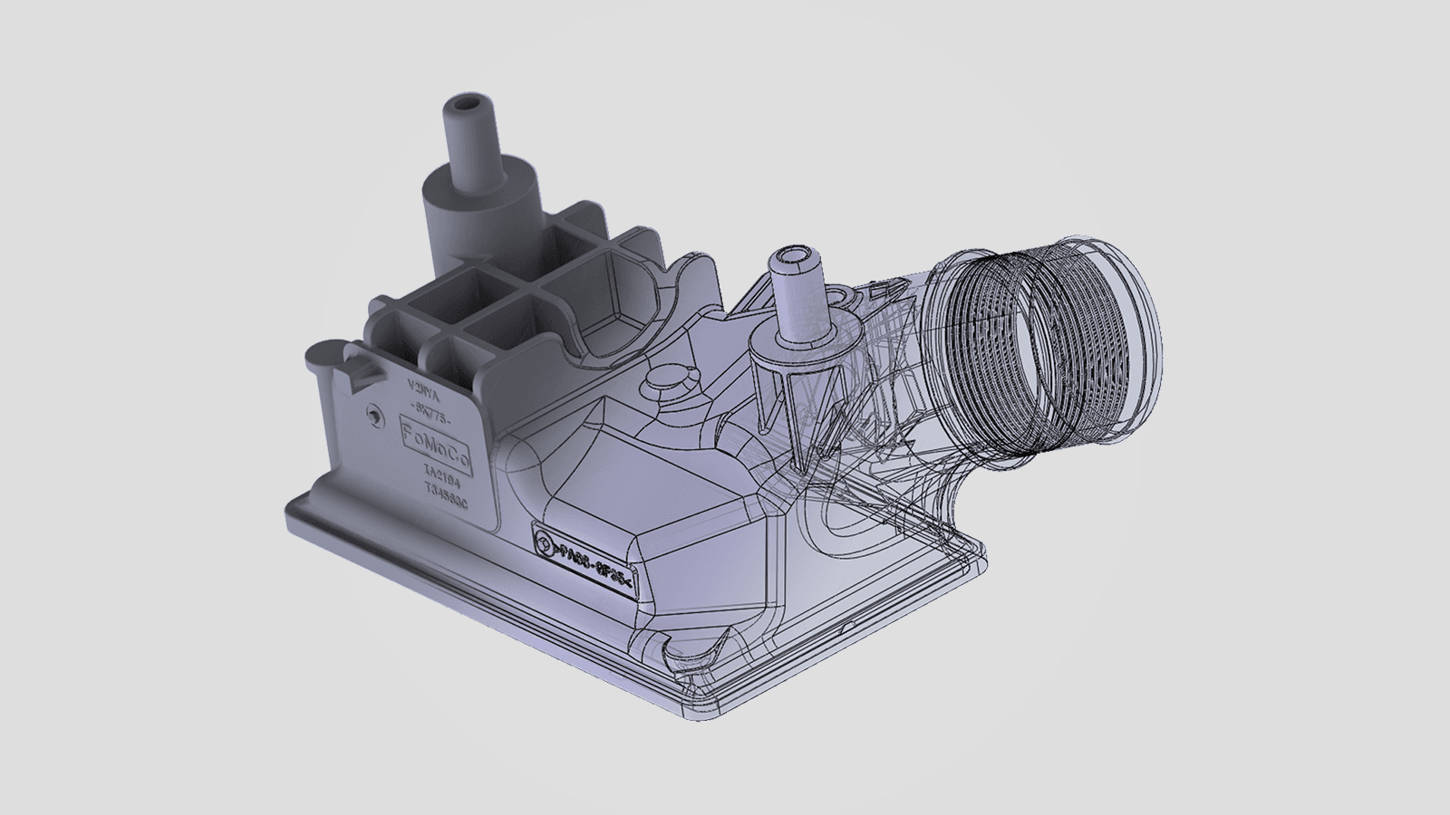 CAD mold design — FoMoCo connector with wireframe overlay