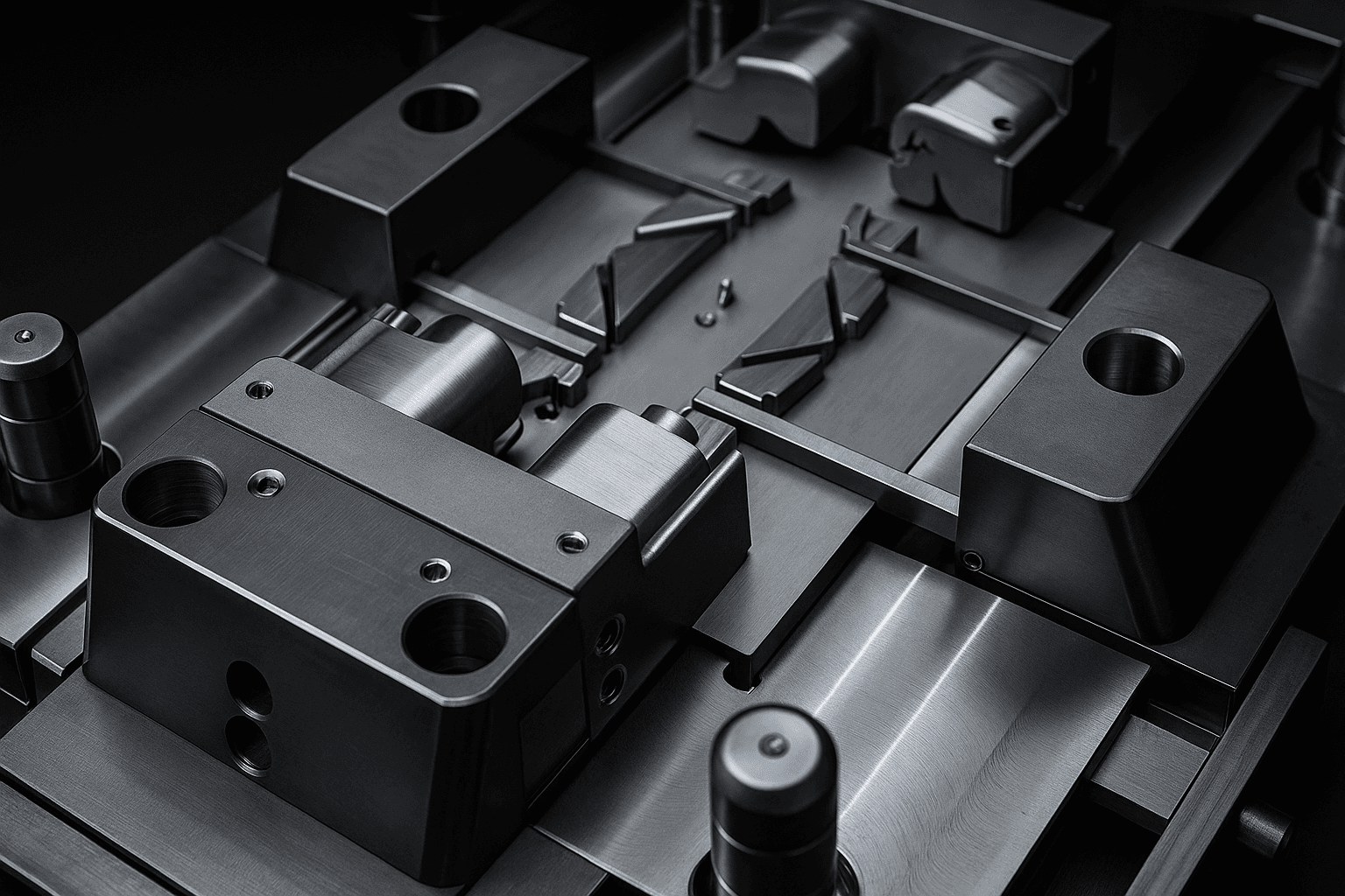 Precision injection mold tooling — open die top view
